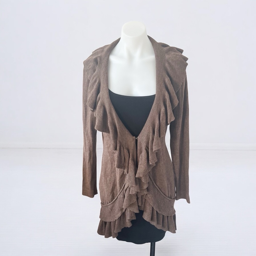 NWT Cocoa Brown Taupe Ruffle Cardi Cardigan Sweater Top Sz S